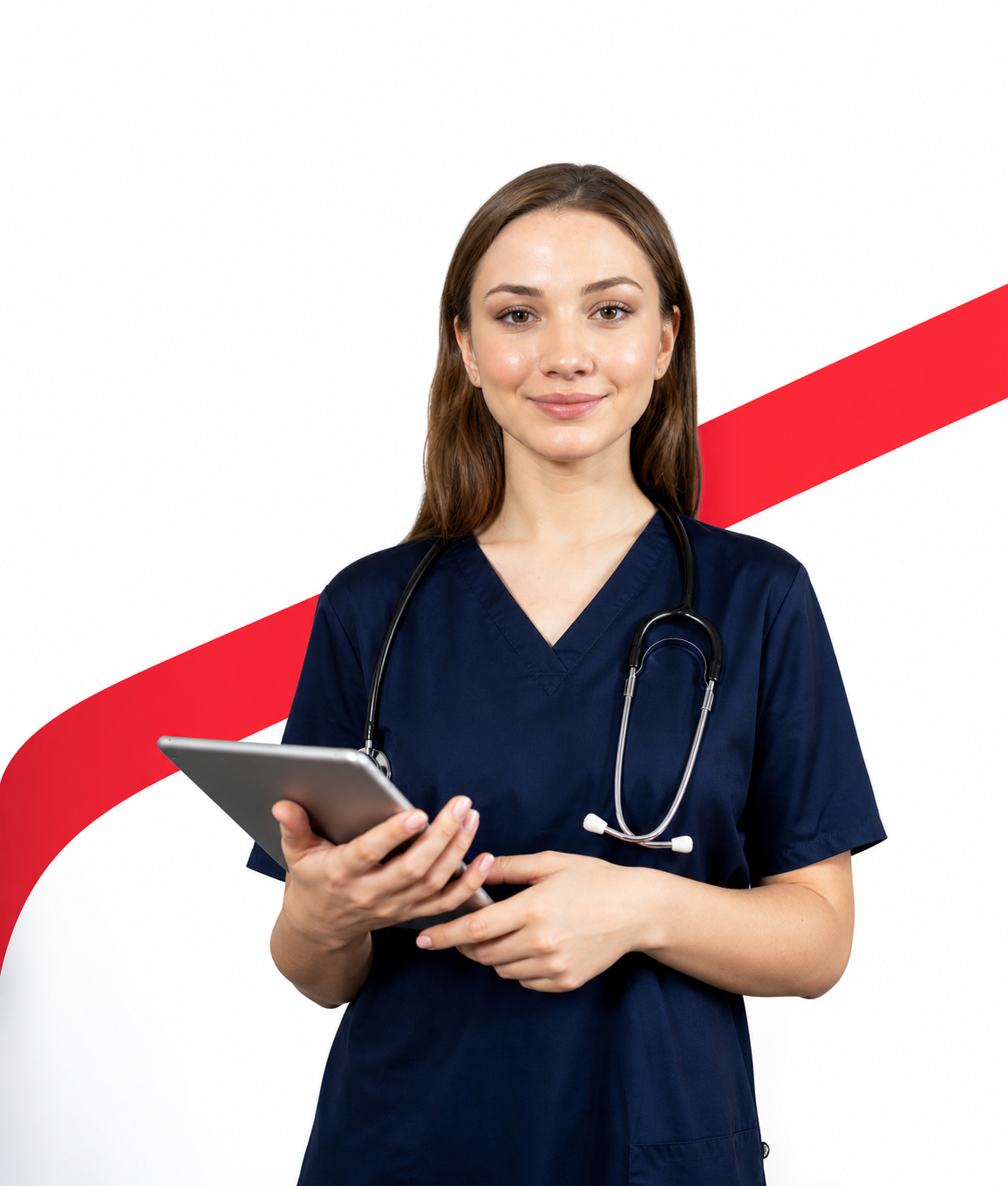 Nurse in navy scrubs holding a tablet